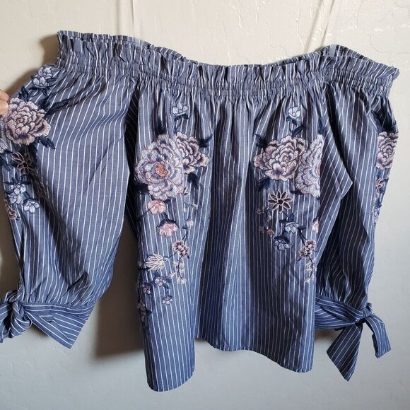 American Eagle Off the Shoulder Top Sz S Nautical Stripe Coastal Embroidery NEW - Picture 3 of 10